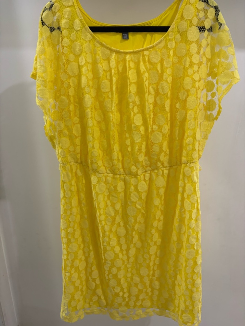 Roz & Ali Yellow Polka Dot Lace Sheath Dress Scoop Neck Short Sleeve 14W